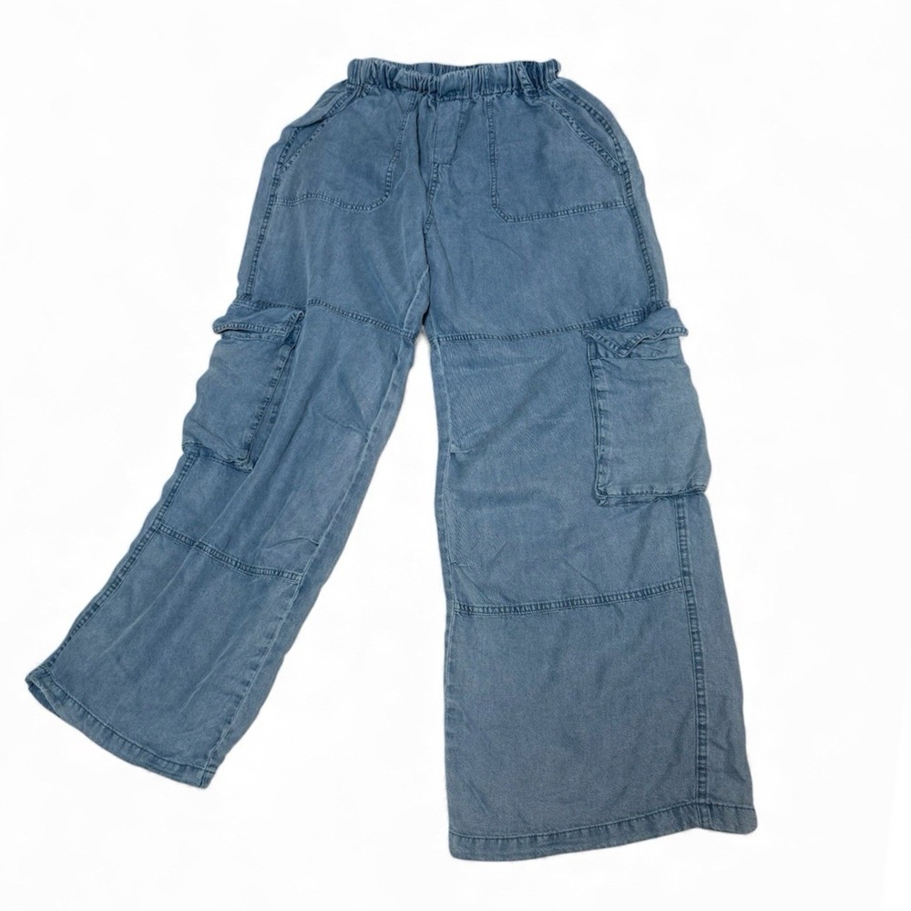 En Creme Cargo Pants Womens Small Blue Y2k Baggy Wide Leg Elastic Waist Utility